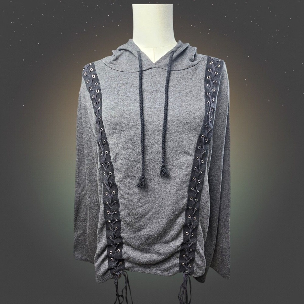 Hippie Chic USA Gray Lace Up Grommet‎ Hoodie Wide Bell Sleeve Boho Pullover Top